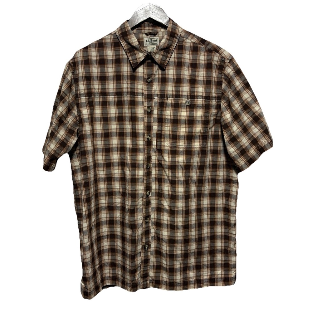LL BeanShirt Mens L Tall Brown Plaid Short Sleeve Coolmax Outdoor Hiking Button